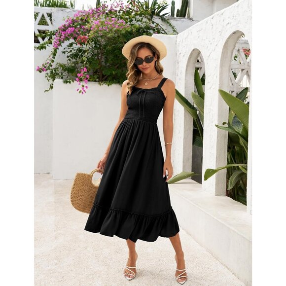 Women Black Summer Boho 2025 Square Neck Strapped Ruffle Beach Long Dresses - Picture 5 of 7